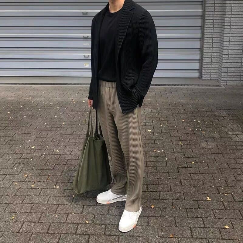 三宅风褶皱裤子垂坠感直筒宽松阔腿休闲长裤男潮
