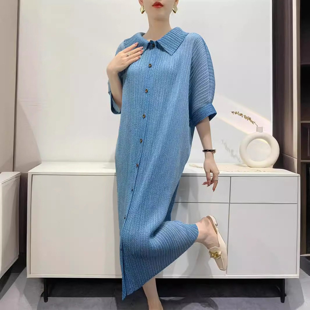 春夏牛仔色连衣裙女宽松中长款舒适休闲衬衫领蝙蝠袖褶皱裙子