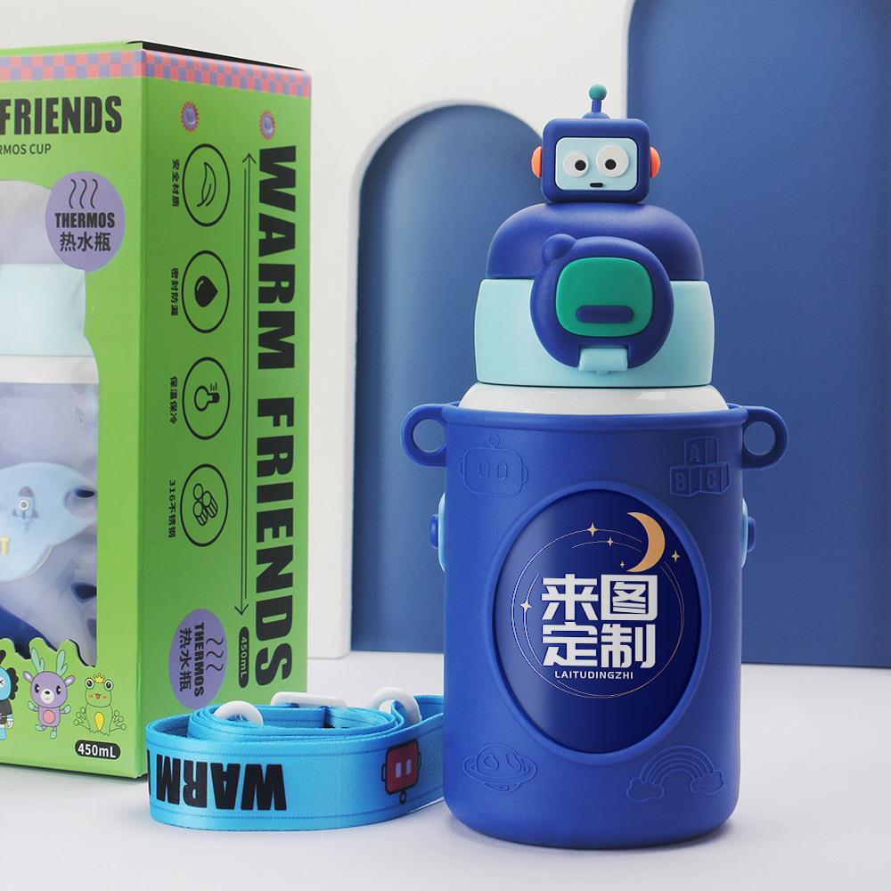 来图印制可爱卡通水杯304不锈钢DIY儿童吸管保温杯挂绳热转印热升