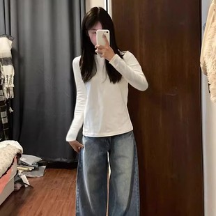 设计感小众正肩纯棉长袖T恤女春秋内搭短款打底衫修身百搭上衣服