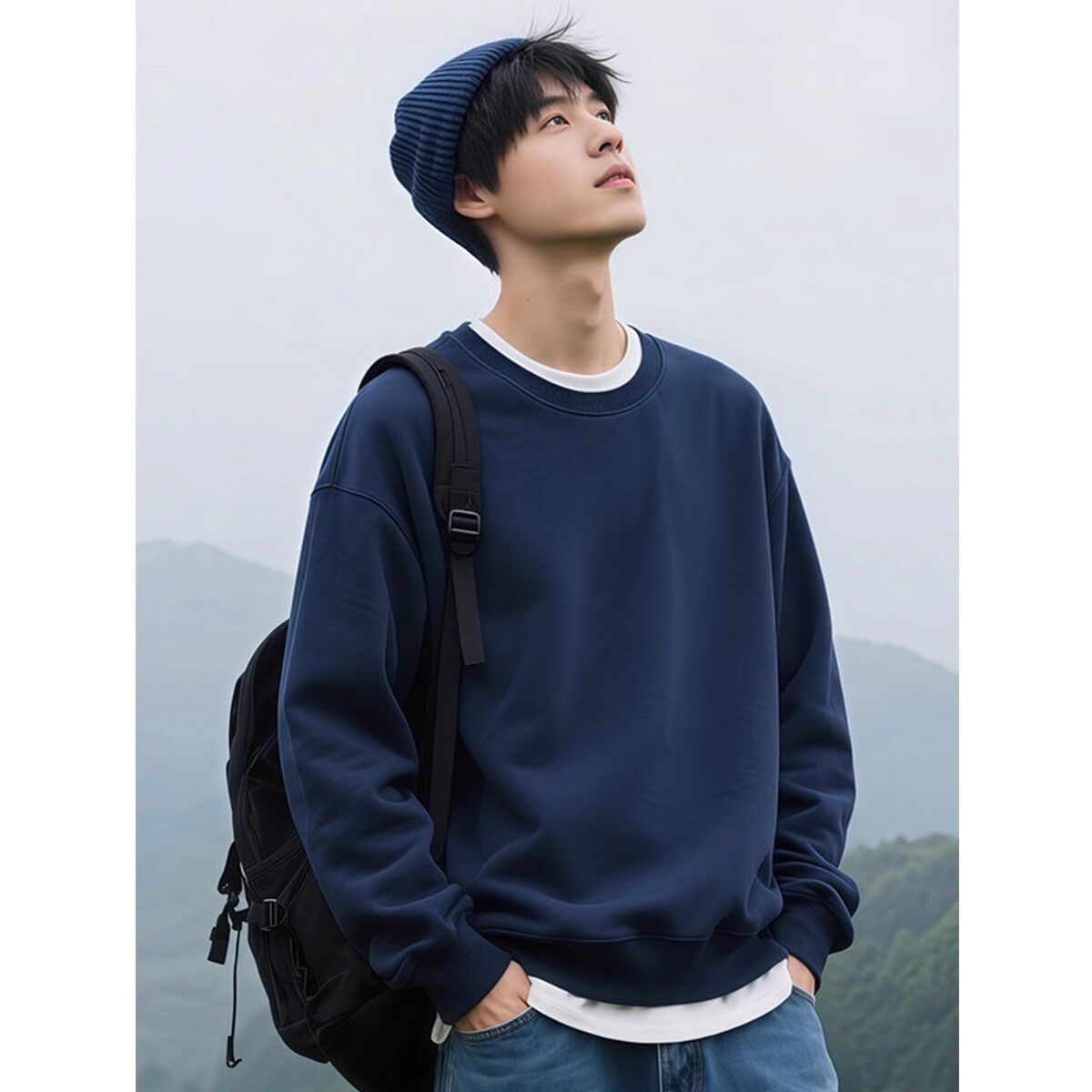 高级感潮牌美式复古重磅华棉圆领卫衣男秋冬简约宽松加绒加厚痞帅