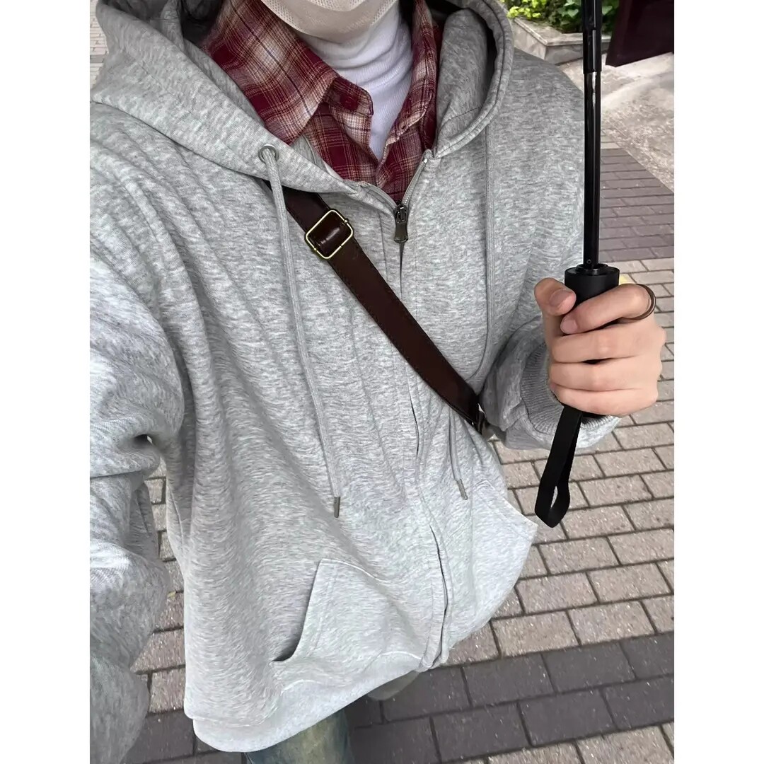 加绒加厚连帽拉链卫衣2026女秋冬宽松休闲慵懒风外套灰色情侣上衣