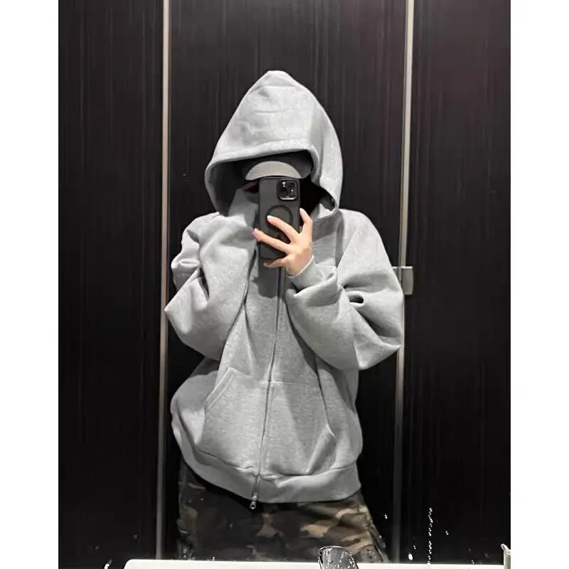 连帽拉链卫衣复古ins潮流情侣潮流宽松显瘦遮肉街头连帽印花男女