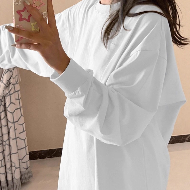 400g纯棉纯色长袖T恤女2025秋冬新款宽松白色简约内搭打底衫上衣