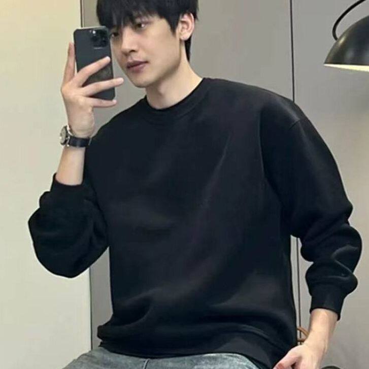 黑色重磅卫衣男春季穿搭潮牌宽松落肩长袖T恤男款cleanfit打底衫