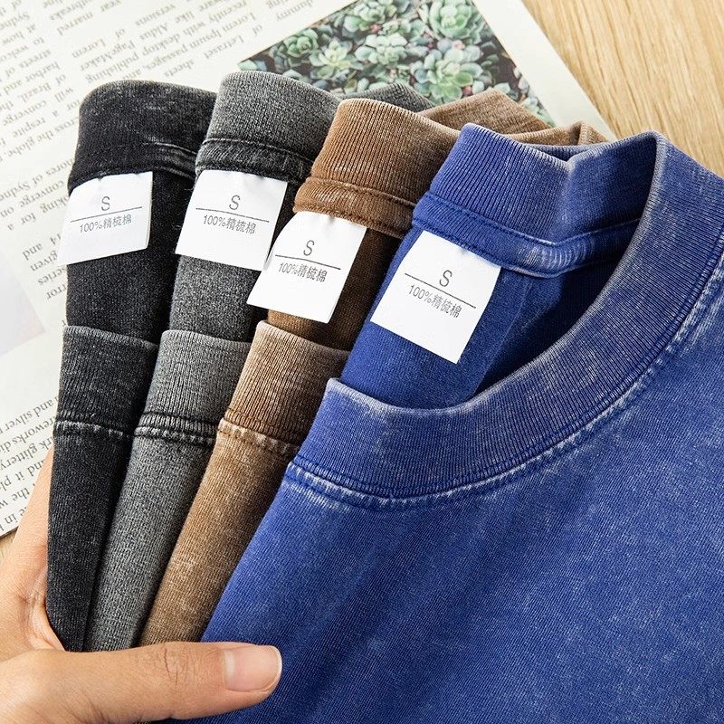 水洗做旧！300g重磅纯棉短袖t恤男女百搭夏季纯色简约宽松体恤衫