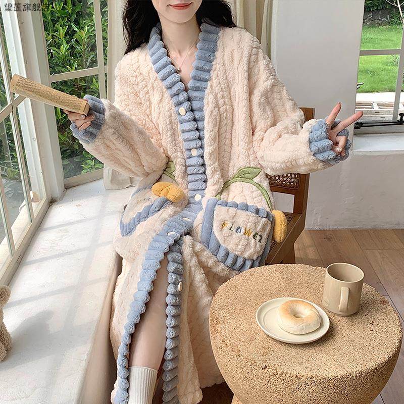 2025新款睡裙女可外穿秋冬季珊瑚绒加厚保暖睡袍中长版甜美家居服