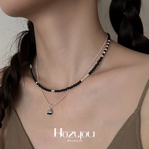 hazyou黑玛瑙天然玉石蛇骨链女