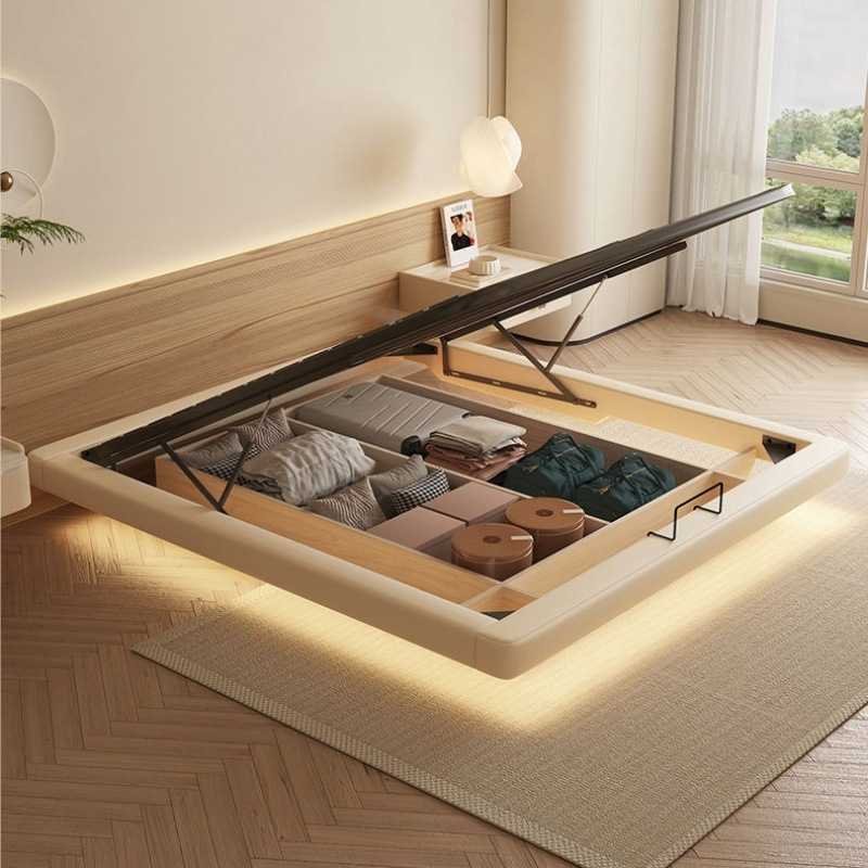 无床头悬浮储物现代奶油简约小户型主卧双人床意式轻奢气压高箱床