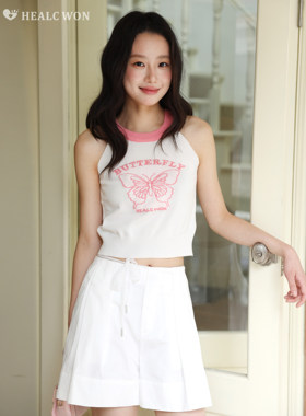 healcwon原创粉色甜美挂脖上衣冰丝针织背心蝴蝶吊带孟子义同款