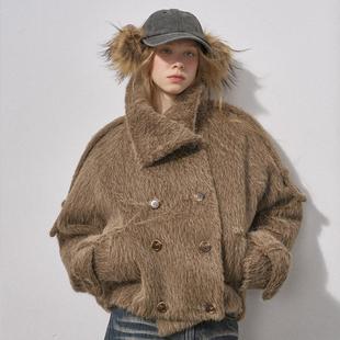 DIDDI MODA毛感双排扣大翻领短款花苞外套女2025新款短款毛毛外套