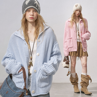 DIDDIMODA 粗针绞花麻花高领毛衣外套女纯色针织开衫冬季新款