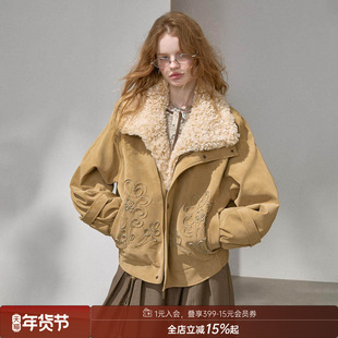 DIDDI MODA盘带绣夹棉毛毛领翻领保暖宽松挺廓短款长袖皮衣冬季