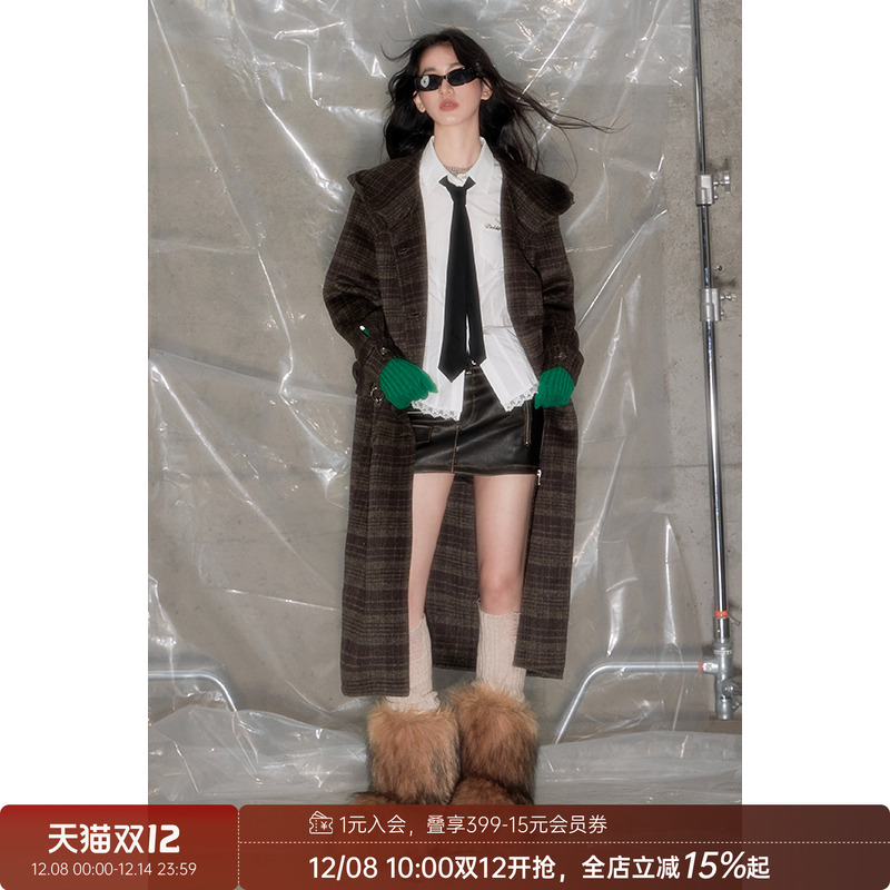 咖色格子双面呢大衣DIDDIMODA