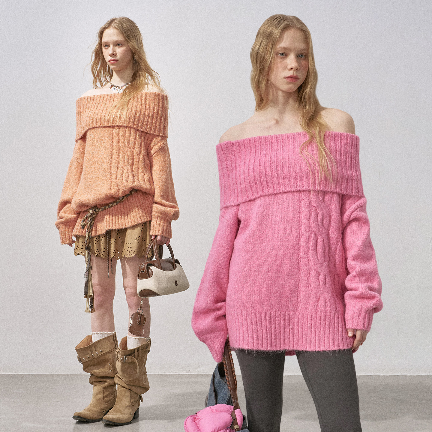 DIDDIMODA 一字肩绞花羊毛混纺宽松露肩毛衣女针织套头衫外穿冬季,女装/女士精品,毛衣,淘宝优惠券,粉丝福利购,淘宝优惠卷