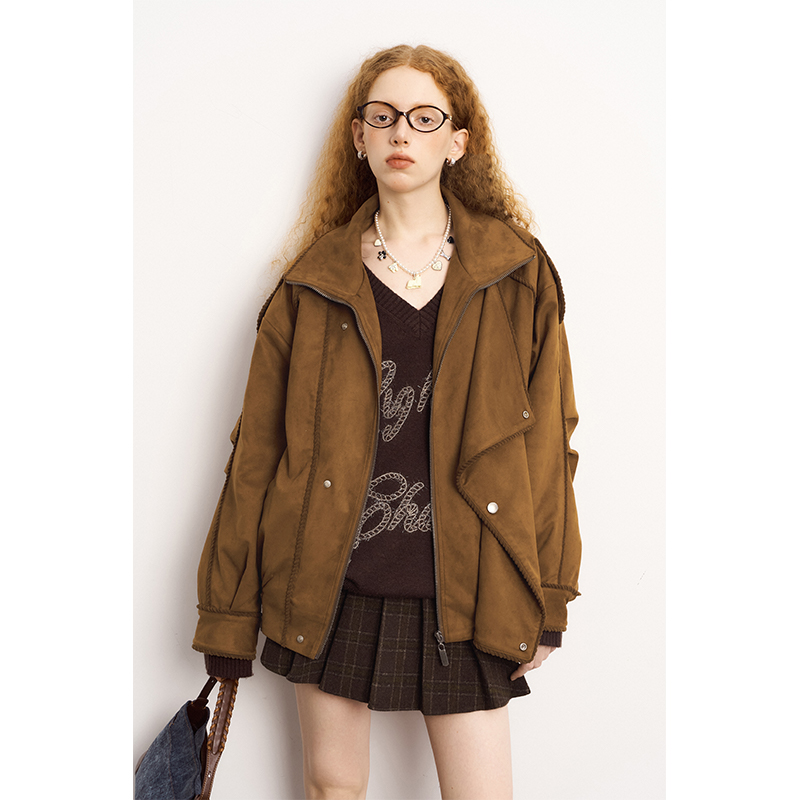 DIDDIMODA麂皮大翻领拼接层次感宽松百搭夹克冬季短款棉服女款