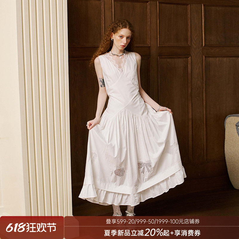 DIDDIMODA 蕾丝拼接优雅百搭v领蕾丝贴布绣花边连衣裙女夏高级感