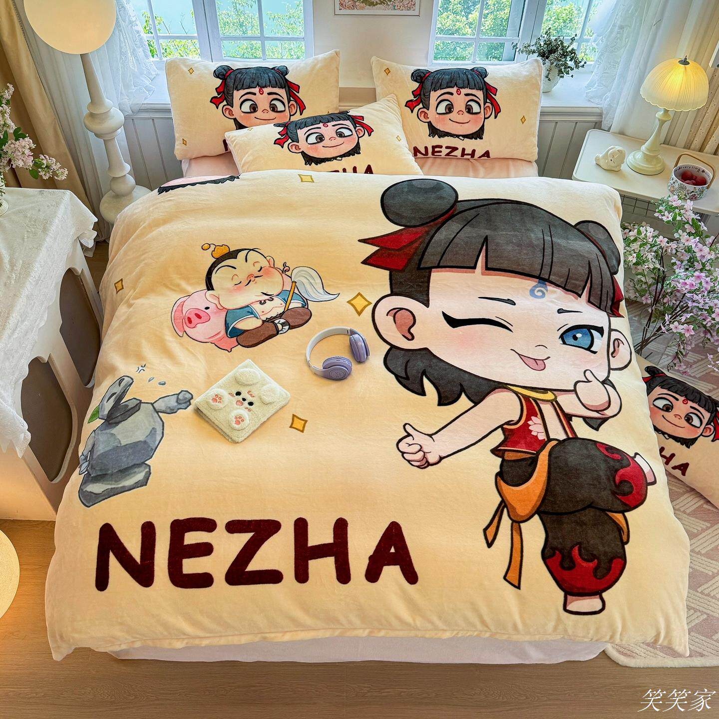 牛奶类被套防静电母婴A四件套三件套床单级加绒绒敖丙哪吒法兰绒