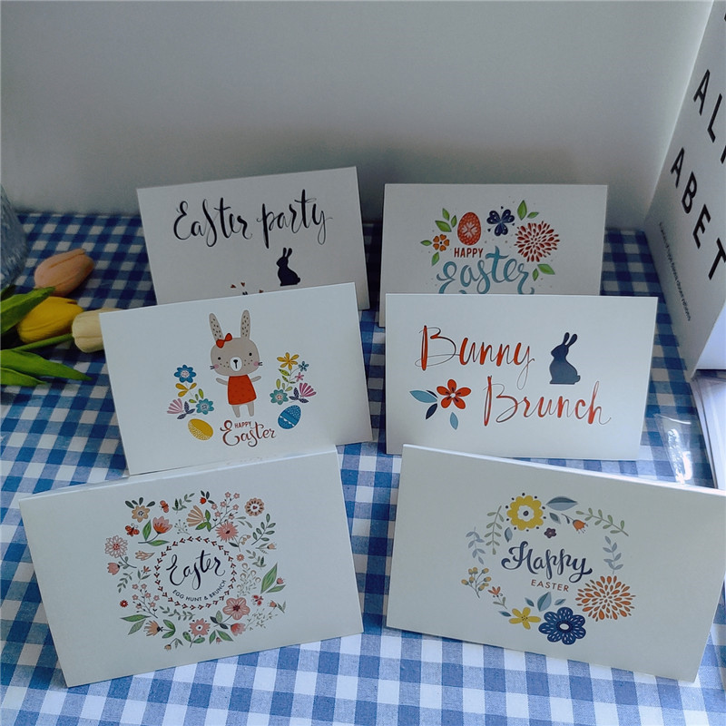 6张套装复活节happy easter贺卡创意涂鸦简约手写美好祝福明信片花篮