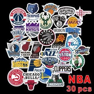 30张NBA队标湖人雄鹿猛龙防水装 饰贴画吉他平板笔记本手账电脑滑板帖纸手机壳行李箱头盔保温杯水杯篮球贴纸