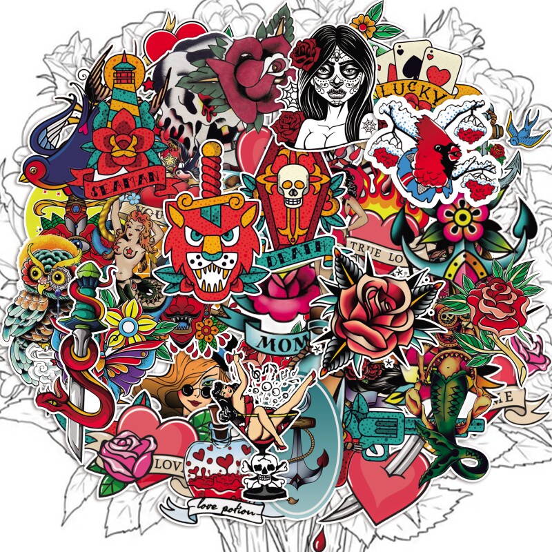 100张红色纹身风格防水装饰个性涂鸦潮牌吉他贴画笔记本水杯手账电脑