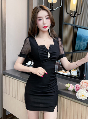 夜总店性感黑色连衣裙女夏季2025新款辣妹纯欲风开叉气质包臀短裙