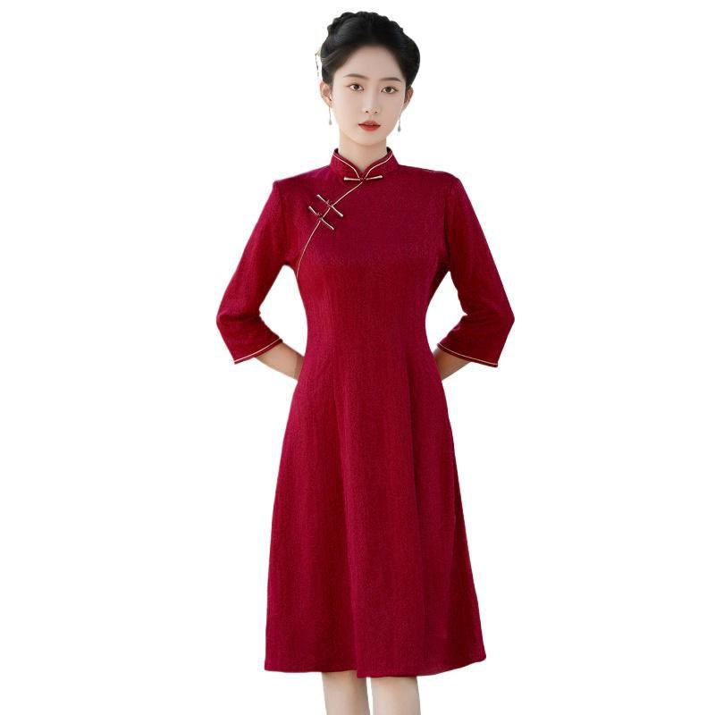 年轻女装礼服宴会服盘扣立领连衣裙时尚修身裙子新款婚Y礼红色裙