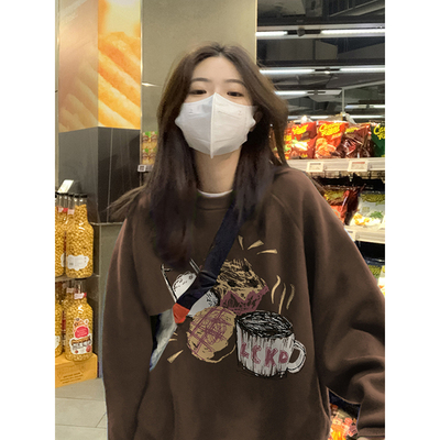 美式复古棕色加绒圆领卫衣女