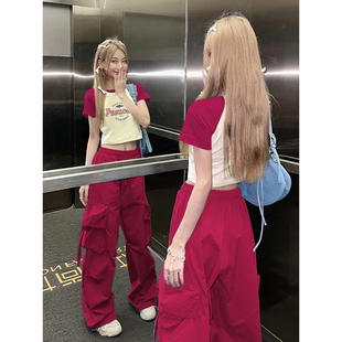 爆款 火龙果色正肩插肩短款 2025新款 短袖 独特甜辣小上衣 t恤女夏季