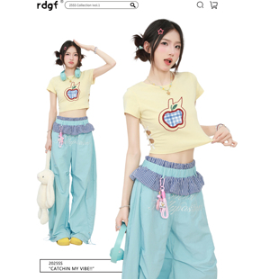 露脐短款 黄色正肩短袖 辣妹chic镂空修身 t恤女夏季 多巴胺上衣 新款