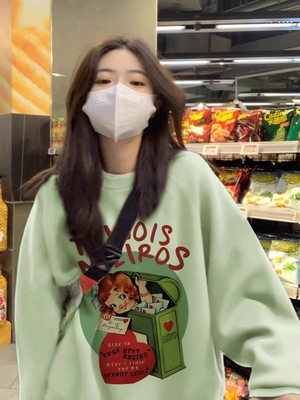 潮牌浅绿色圆领长袖卫衣女春秋