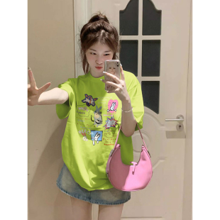 多巴胺穿搭荧光绿纯棉短袖 可爱甜美洋气减龄小个子上衣 t恤女夏季