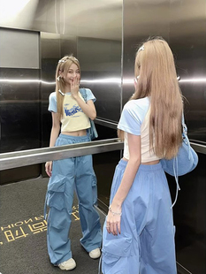 别致修身 浅蓝拼杏色正肩短款 新款 短袖 甜辣小上衣ins t恤女2025夏季