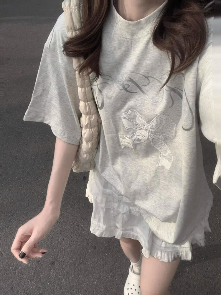 美式花灰色正肩蝴蝶结短袖t恤女