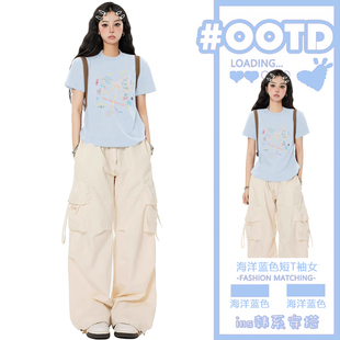 t恤女夏季 蝴蝶结美式 蓝色正肩短袖 2025新款 上衣 jazz甜辣修身 短款