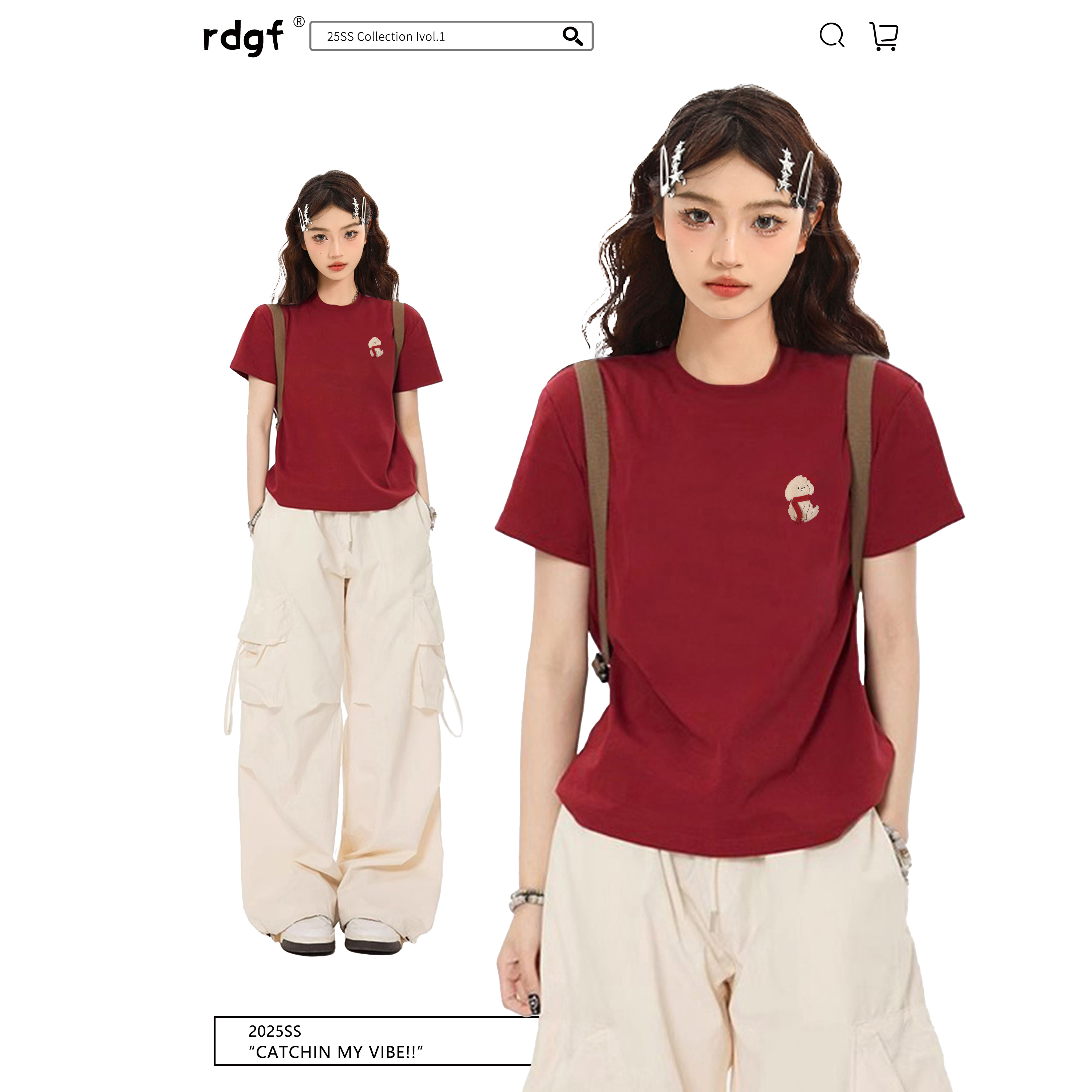 酒红色短袖T恤女2025新款早春季