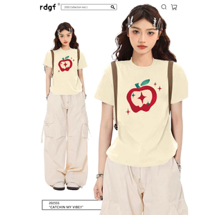 短款 黄色正肩短袖 甜辣jazz修身 t恤女夏季 多巴胺穿搭独特上衣 美式