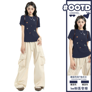 t恤女夏季 美式 藏蓝色短袖 新款 上衣 小众甜辣jazz修身 显瘦正肩短款