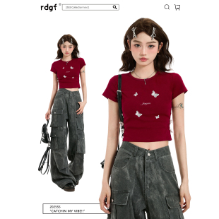 甜辣正肩短款 安德拉红短袖 美式 t恤女夏季 露脐辣妹穿搭小上衣 新款