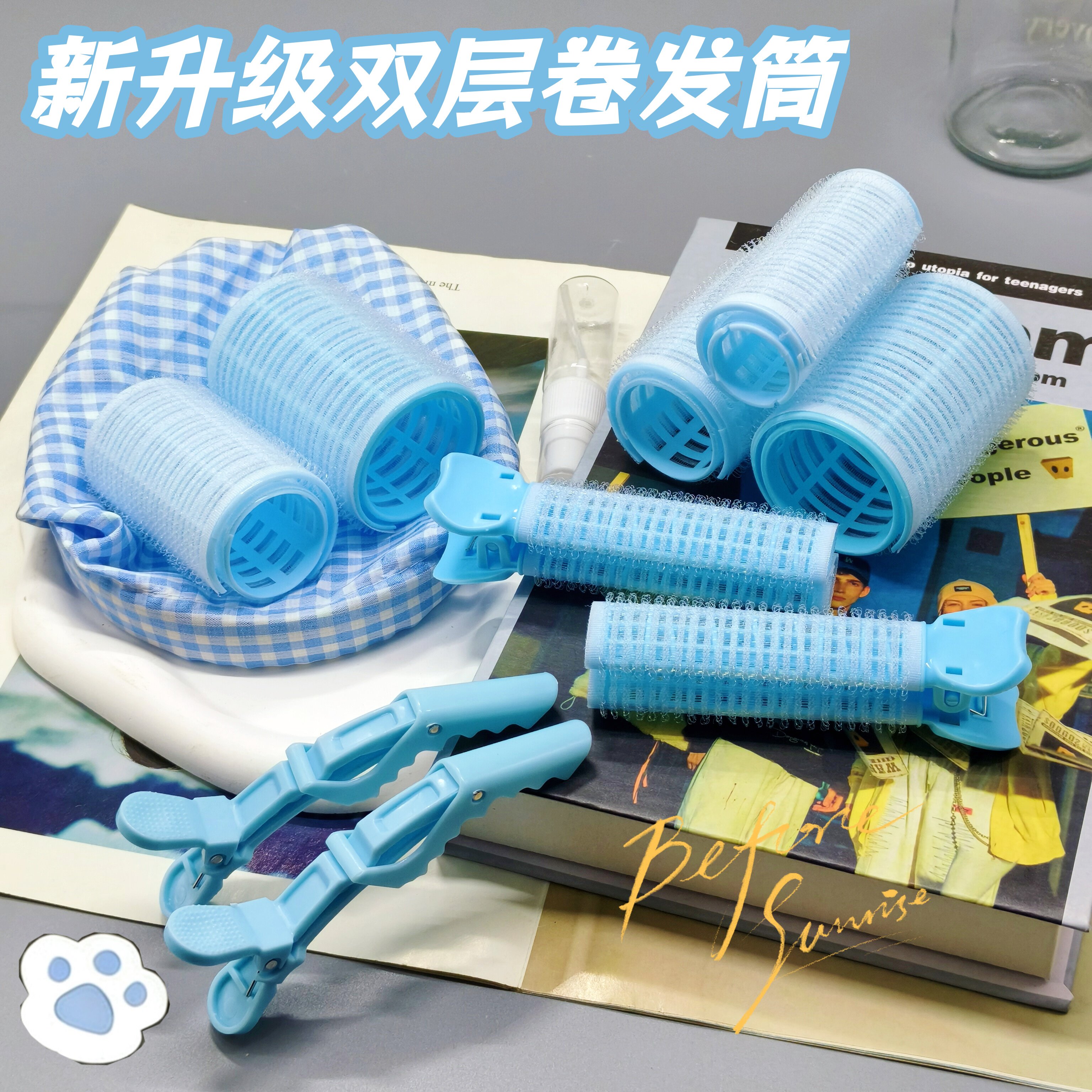 天空蓝卷发筒筒八字空气学生卷刘海神器发根蓬松夹空心卷筒刘海夹图片