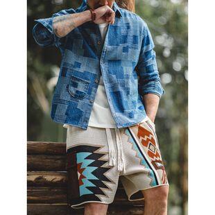 男夏 民族风宽松海边沙滩五分裤 美式 复古纳瓦霍针织短裤