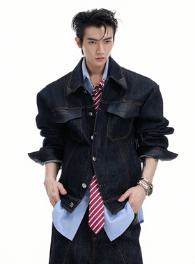 AguE CulurE墨痕小众复古鳄鱼皮拼接原色牛仔套装短款牛仔外套