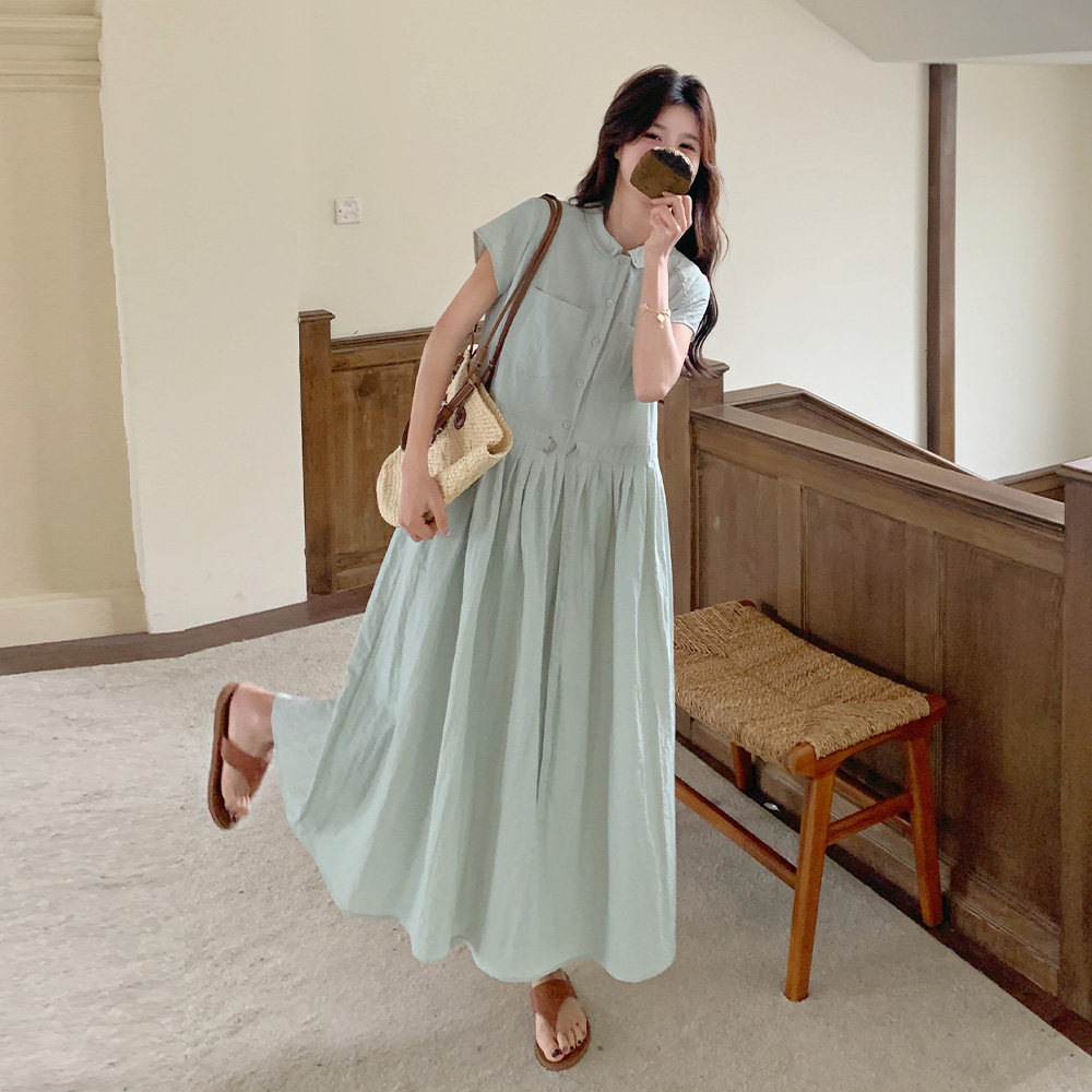 薄荷绿小清新连衣裙女长款2025夏新款韩系简约气质减龄收腰A字裙