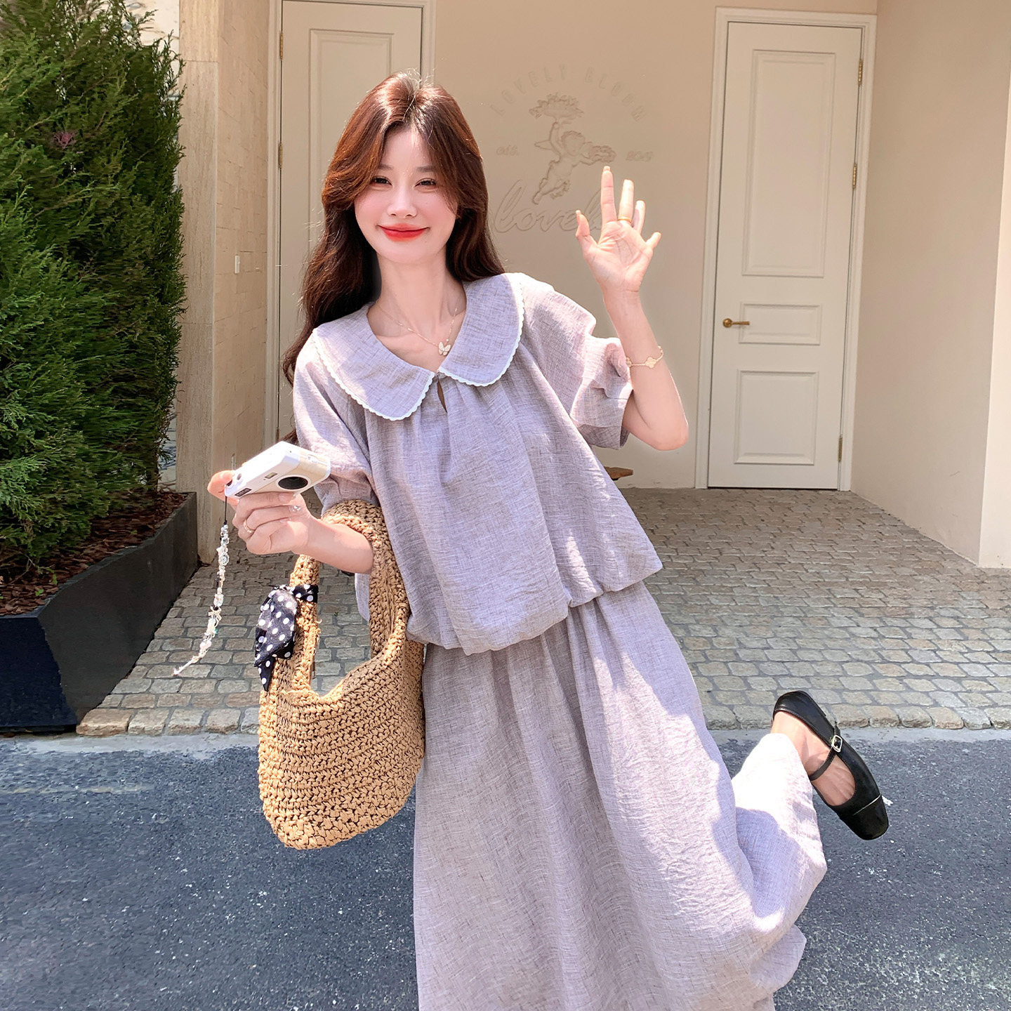 淡紫色减龄少女感穿搭套装2025夏新款甜美娃娃领上衣花苞裙两件套