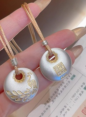 香港正生纯银999足银描金凤凰平安扣平安喜乐吊坠项链百搭毛衣链
