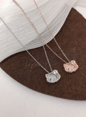 香港正生纯银S925纯银kitty猫镶石项链简约时尚女性锁骨链送小孩