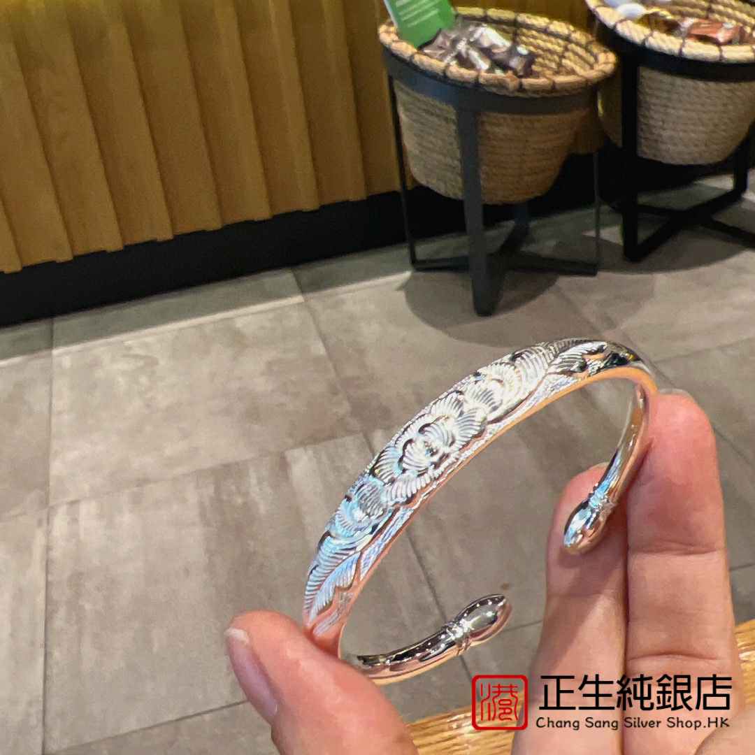 香港正生足银999浮雕牡丹花贵妃手镯女款气质民族风纯银百搭手环