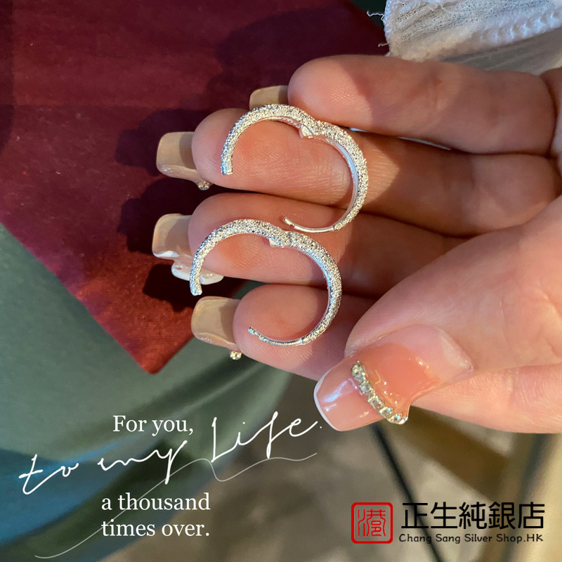 香港正生S925纯银耳环女素银闪沙银耳扣个性简约通体纯银耳吊
