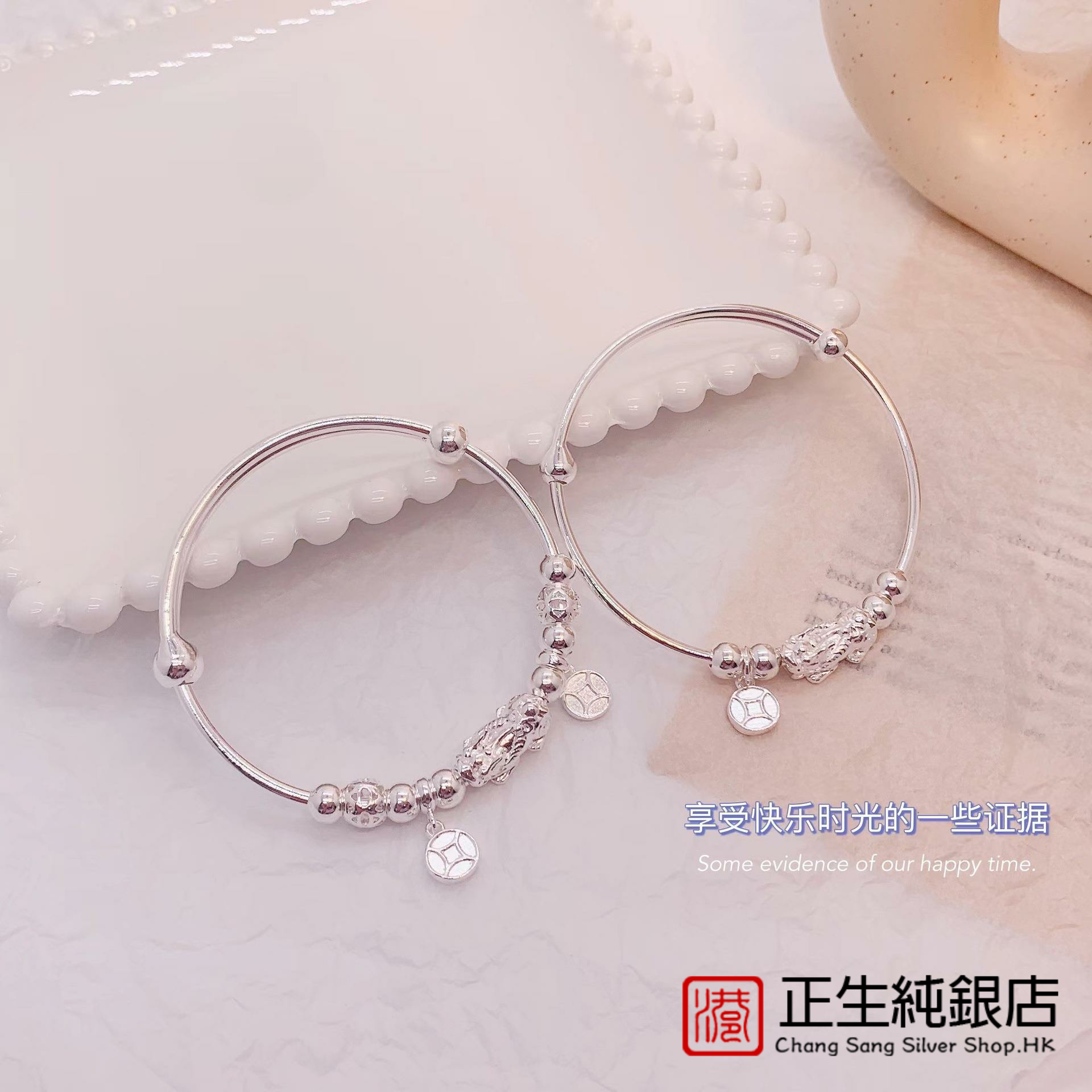 香港正生足银990纯银镯子貔貅手镯女士推拉复古银手镯饰品送闺蜜