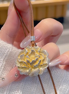 香港正生纯银999足银牡丹花描金吊坠项链实心中式新年礼物毛衣链